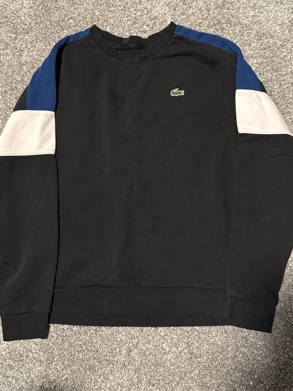 Lacoste Men’s Black Crewneck Sweatshirt with Blue & White Panels Large